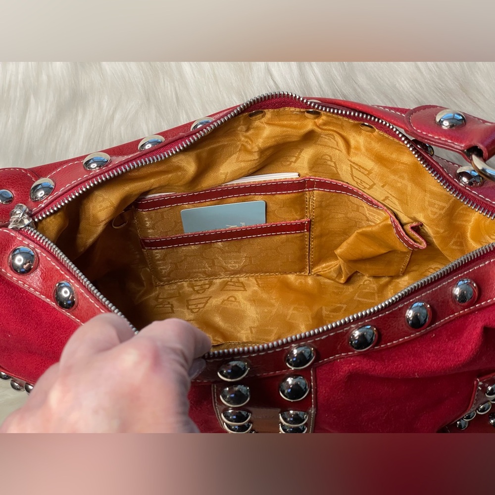 KATHY VAN ZEELAND Red Faux Suede w/Silver Tone Stud Detail Shoulder Bag - Picture 9 of 10